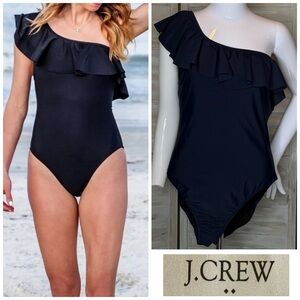 J. Crew navy blue one shoulder one piece swimsuit with ruffle Large NWT NEW
